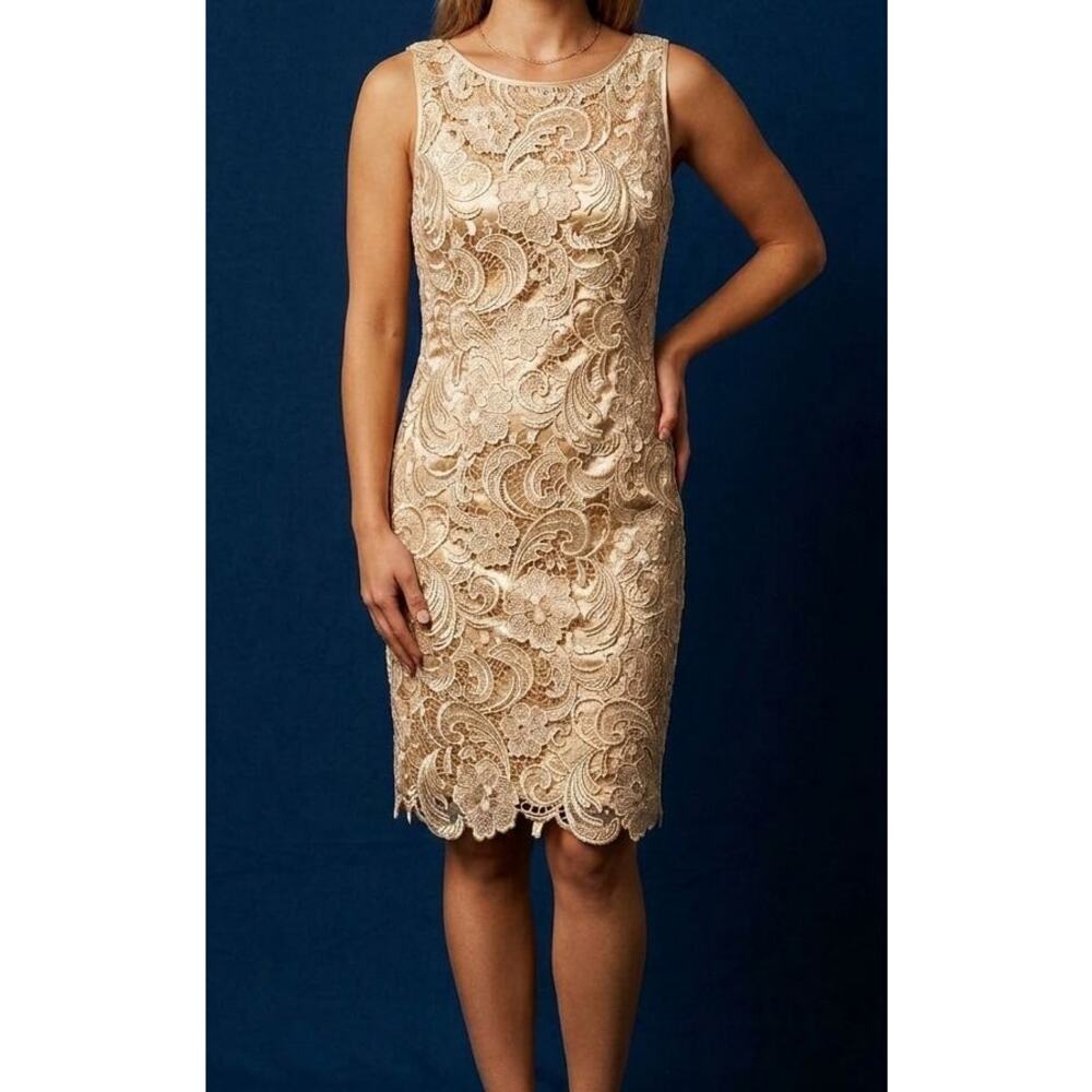 Adrianna Papell Womens Petite Lace Fitted Body Con Scalloped Mini Dress Size 4P